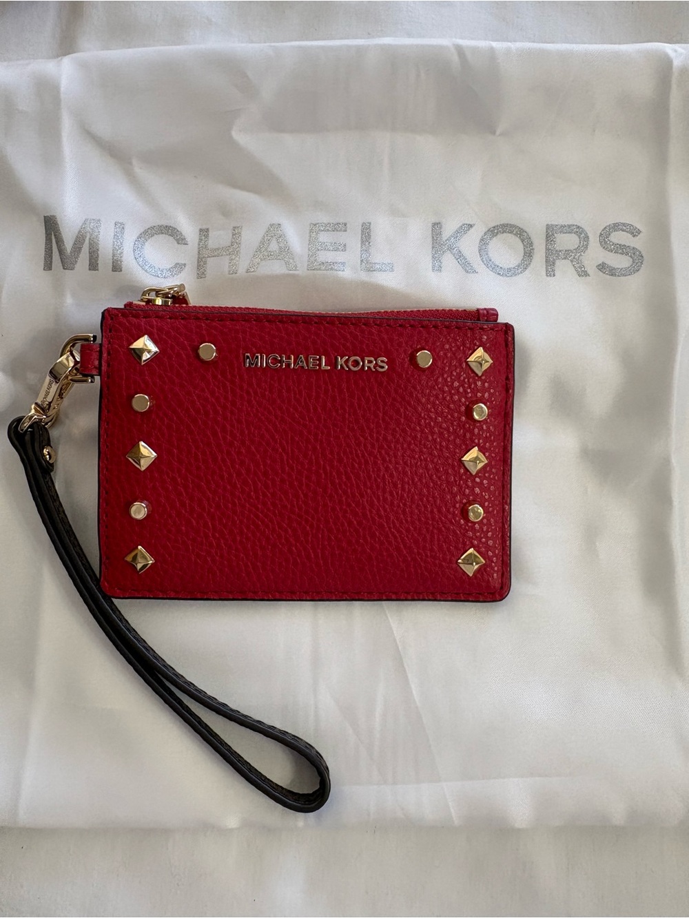 Michael Kors Red Leather Studded Card Case Wristlet and Key Ring